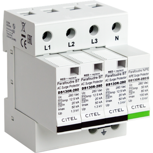 УЗИП CITEL DS134R-280/G (571124), тип 1+2 towe ap b50 pro 2p single phase power class b protect gap discharge 2 modules iimp 50ka 10 350 up 2 0kv lightning arresters