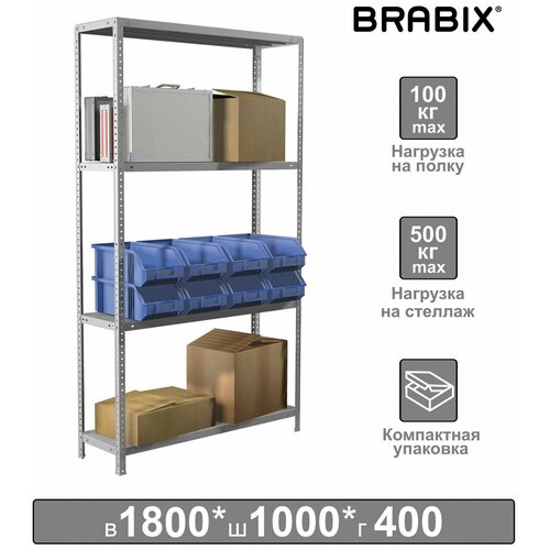 Стеллаж металлический Brabix Ms Kd-180/40-4, 1800х1000х400 мм, 4 полки, сборная стойка, 291115 стеллаж металлический brabix графит ms kd 180 30 70 5 черный