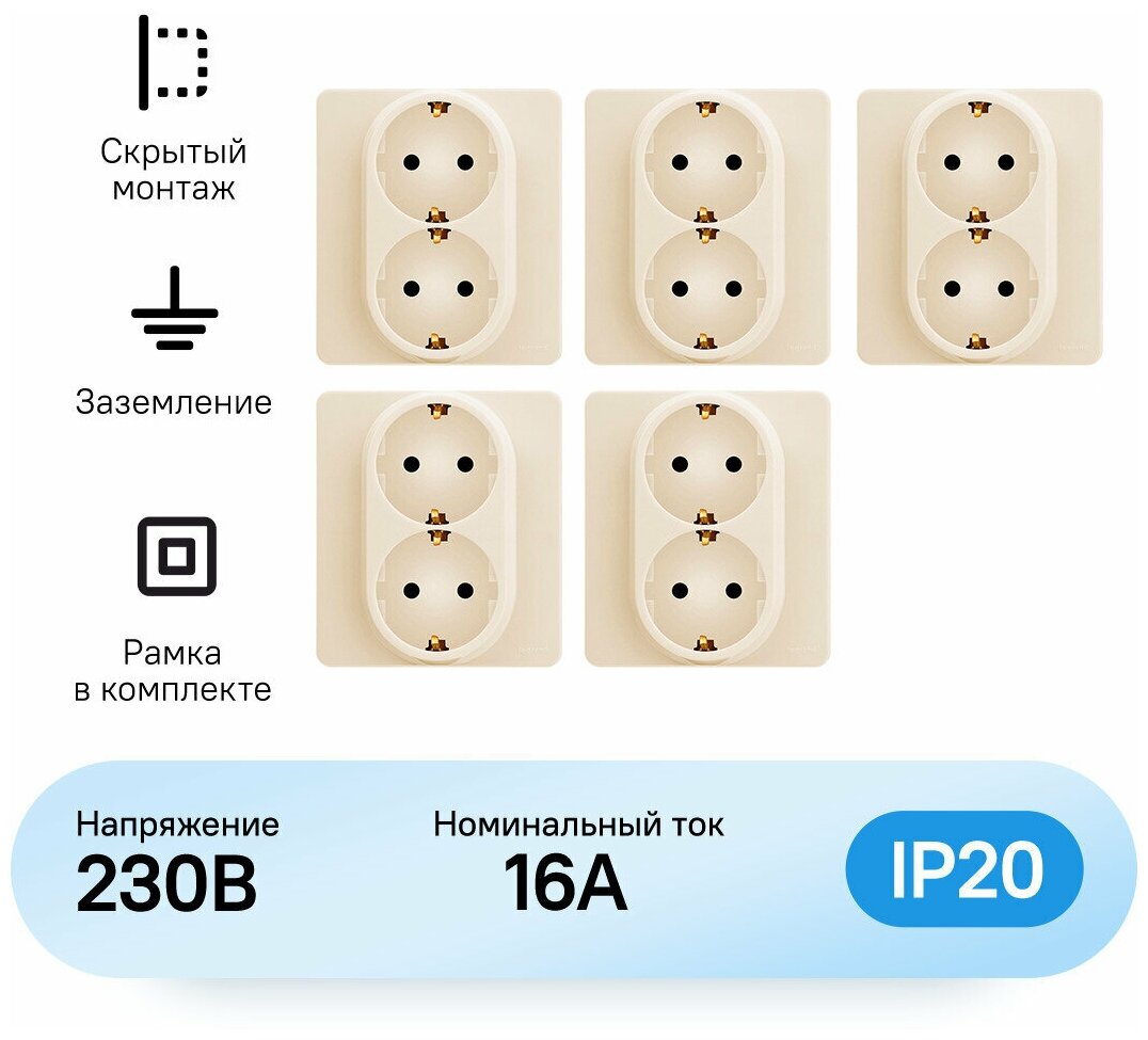 Розетка Legrand Inspiria двойная с заземлением без шторок слоновая кость (комплект из 5 шт)