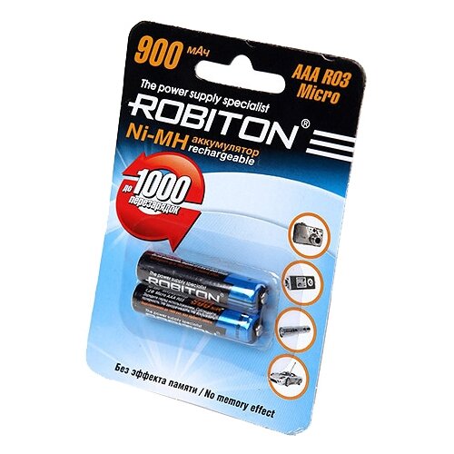 Аккумулятор Ni-Mh 900 мА·ч 1.2 В ROBITON AAA R03 Micro 900, в упаковке: 2 шт. ni cd аккумуляторы тип c на 1 2в 2800мач упаковка 2шт цена за упаковку 2800ncc sr2 robiton код заказа 14868
