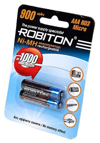 Аккумулятор Ni-Mh 900 мА·ч 1.2 В ROBITON AAA R03 Micro 900, в упаковке: 2 шт.