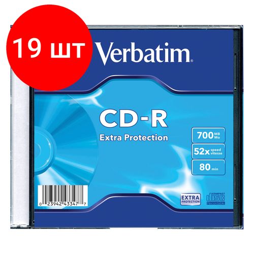 Комплект 19 шт, Диск CD-R VERBATIM DL, 700 Mb, 52х, Slim Case диск cd r verbatim 700 mb 52x jewel case 10 dl printable 10 100