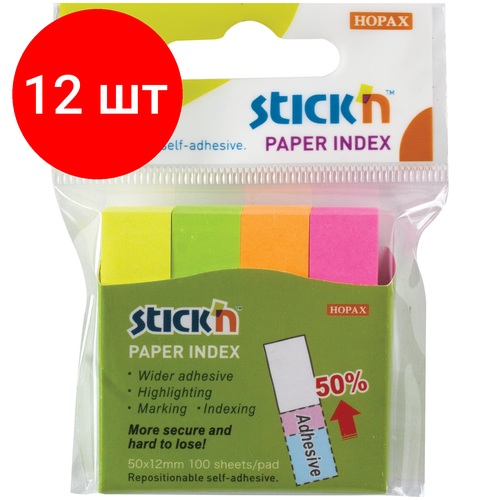 Комплект 12 шт, Закладки клейкие HOPAX неоновые, бумажные, 12х50 мм, 4 цвета х 100 листов, европодвес, 21613