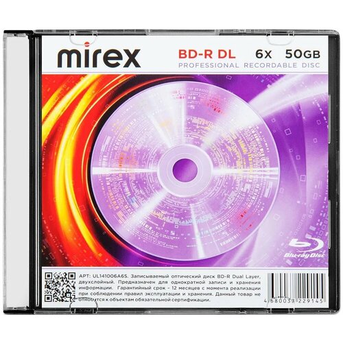 диск bd r dl 50 gb mirex 4x slim box упаковка 10 шт Диск BD-R Mirex 50 Gb, 6x, Slim Case (1), DL (1/50)