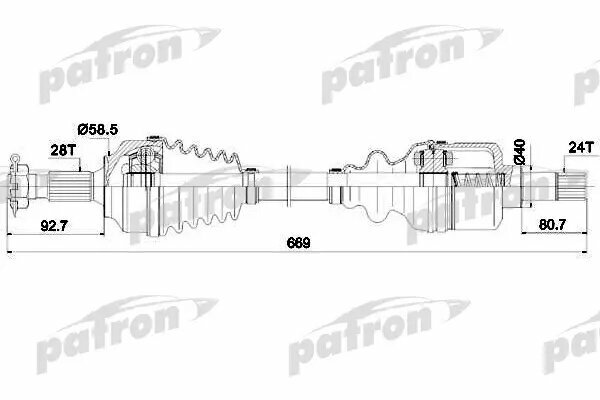 Полуось передняя левая 28x705x58,5x24 PEUGEOT: 407 04-, 407 SW 04- \ CITROEN: C5 08- PATRON PDS0225 | цена за 1 шт