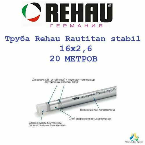 Труба Rehau Rautitan stabil 16х2,6 арт.11301211100 - 20 метров. труба rehau rautitan stabil 20х20 9 отопление и водоснабжение 100м 11301311100