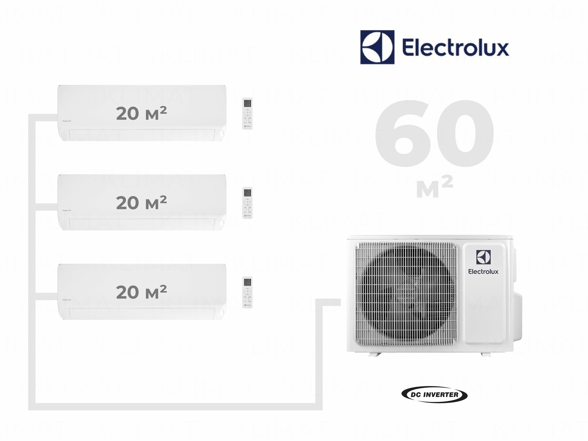 Инверторная мульти сплит-система Electrolux на 3 комнаты (20 м2 + 20 м2 + 20 м2), EACO/I-24 FMI-3/N8_ERP + 3*EACS/I-07 HMB FMI/N8_ERP/in, комплект, белый