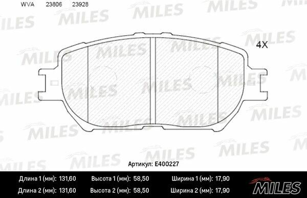 Колодки тормозные TOYOTA CAMRY (_V30_) 2.4 3.0 01>04 передние Miles E400227