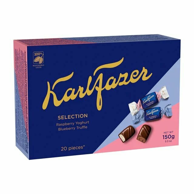 Шоколадные конфеты Karl Fazer Selection Raspberry yoghurt & Blueberry truffle ассорти (Клубничный йогурт и черничный трюффель), 150 г