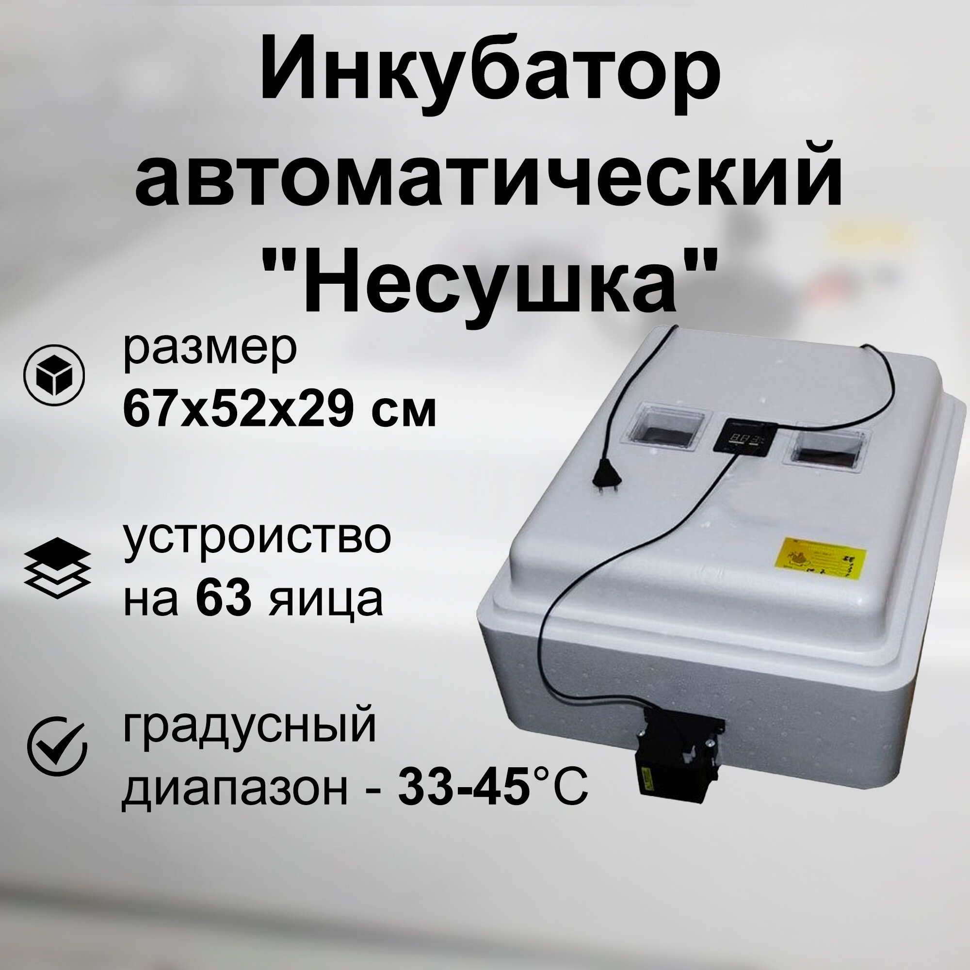 Инкубатор автоматический на 63 яйца, 220В/12В с цифровым терморегулятором, автоматическим переворотом и принудительной вентиляцией яиц. Оптимален для домашнего использования.