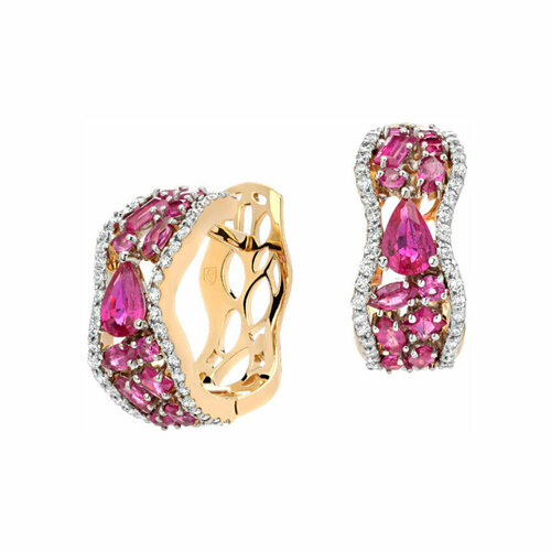 Серьги Эстет, комбинированное золото, 750 проба, рубин, бриллиант, розовый, бесцветный