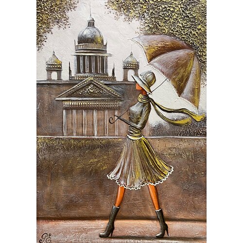 Картина маслом. Живопись. 100% ручная работа. Художественная мастерская Грёзы. Картина для интерьера фактурная. Девушка с зонтом. Размер картины 50х70 см.