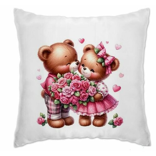 Декоративная интерьерная подушка 3030 см Влюблённые медвежата с букетом подарок на 8 марта на день рождения для любимой 850₽
