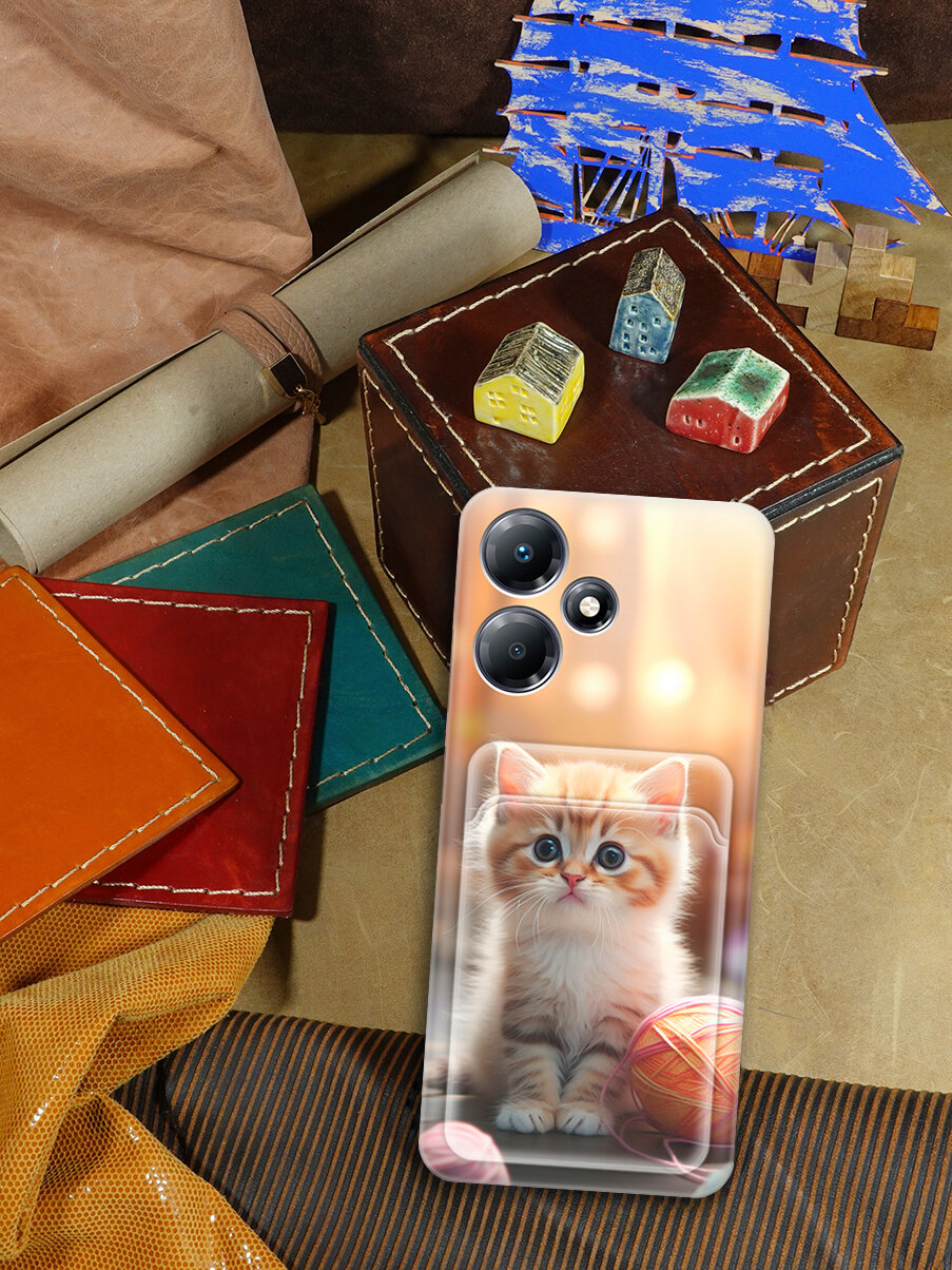 Силиконовый чехол на Infinix Hot 30 Play / Инфиникс Хот 30 Плей с рисунком "Котик и нитки" и карманом для карт — фото 1
