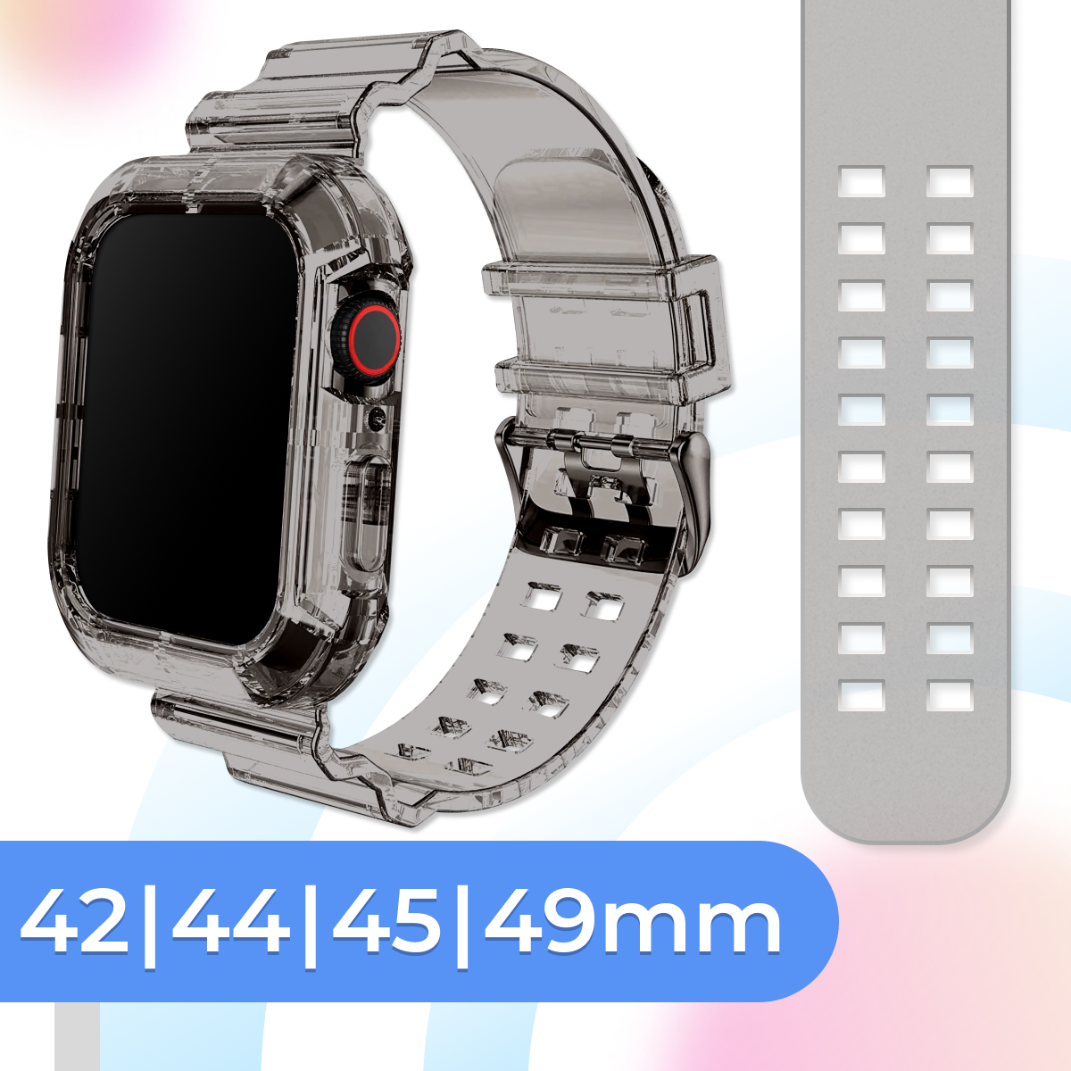 Прозрачный силиконовый ремешок для умных часов Apple Watch 42-44-45-49 mm / Спортивный браслет для смарт часов Эпл Вотч 1-9, SE, Ultra / Серый