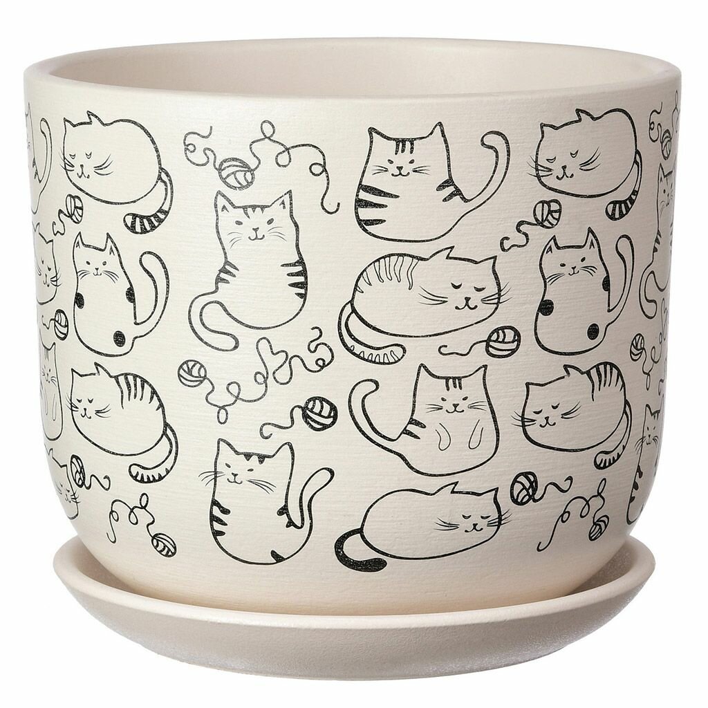 Горшок для цветов Домашняя Мода керамический "Коты" 2,9 л, д 19 см, h 15,6 см, форма бук-3, с поддоном, белый (918337)