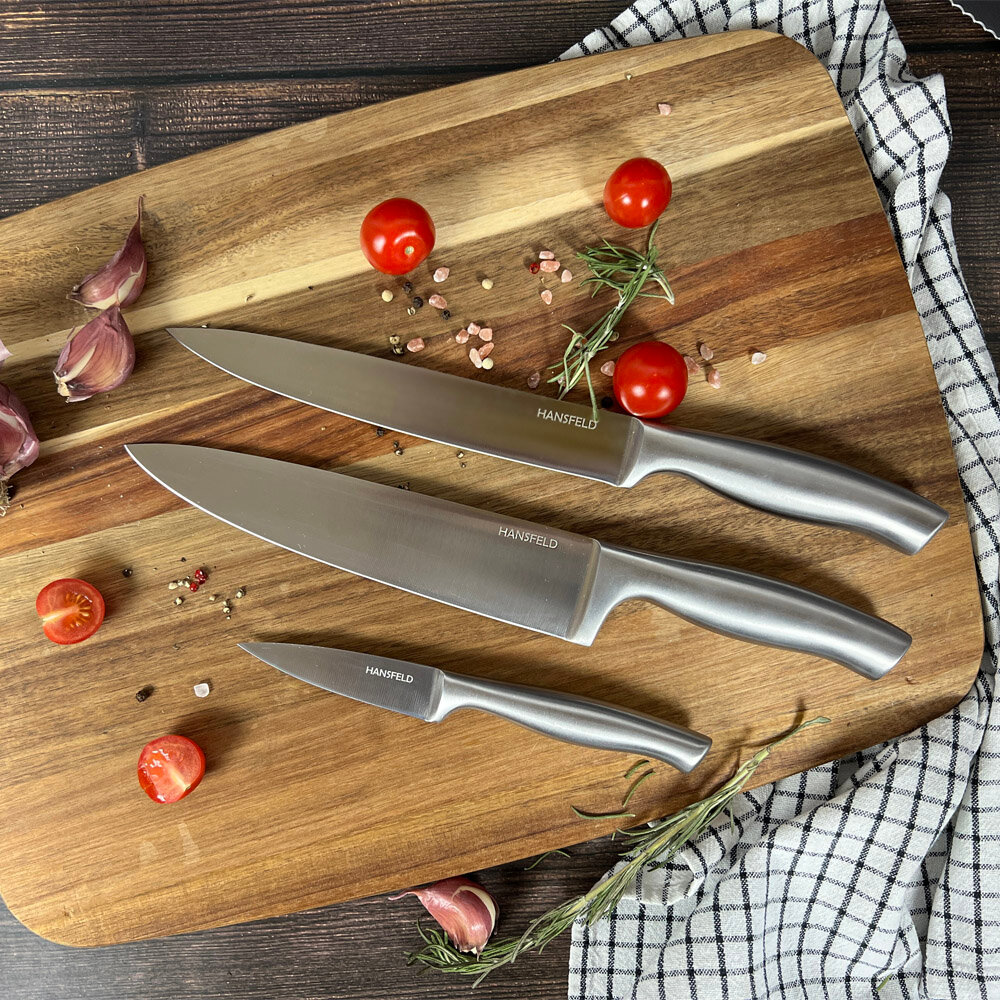 Набор кухонных ножей 3шт (овощной, разделочный, поварской) HANSFELD Aurora, нож для чистки овощей фруктов, для разделки мяса рыбы, шеф нож поварской