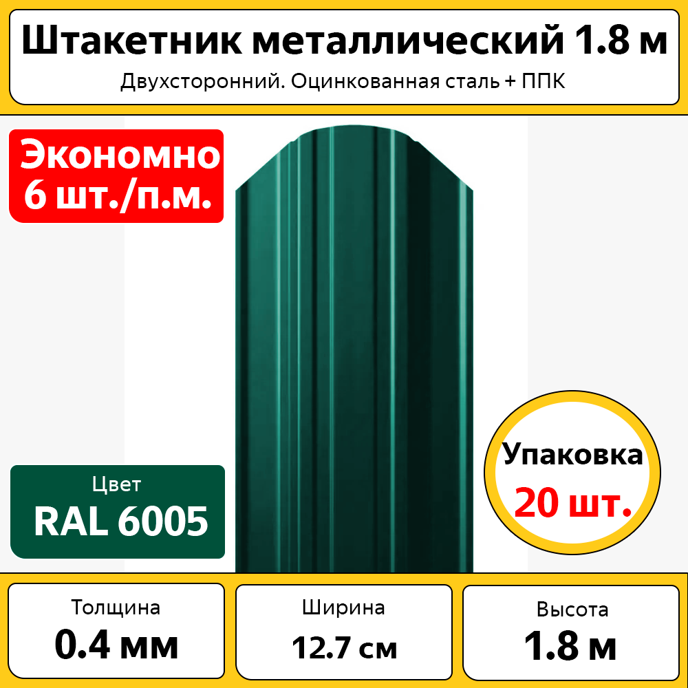 Штакетник металлический (евроштакетник) полукруглый (20 шт.) / высота 1.8 м / ширина 127 см / 0.45 мм / зеленый / оцинкованный