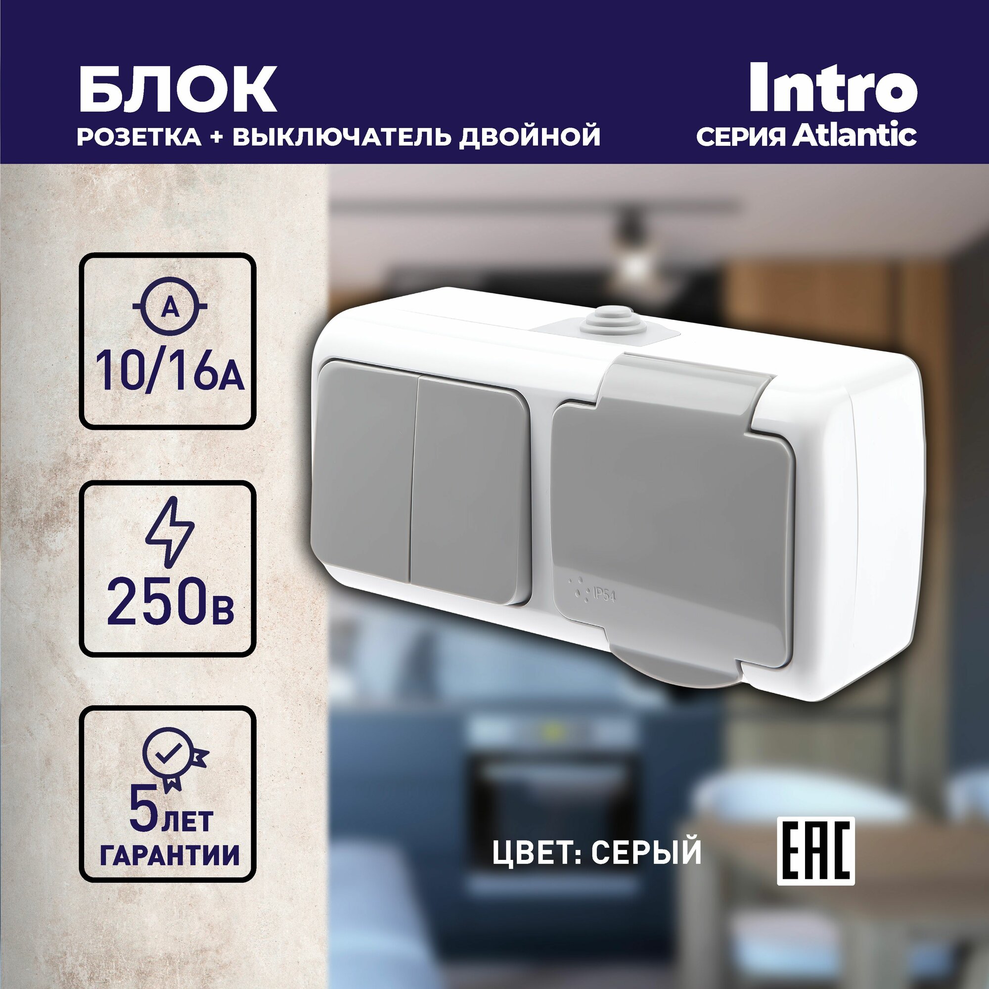 фото Блок розетка с выключателем Intro Atlantic 5-702-03 двойным 2P+E, 10(16)А-250В, открытой установки, IP54, серый