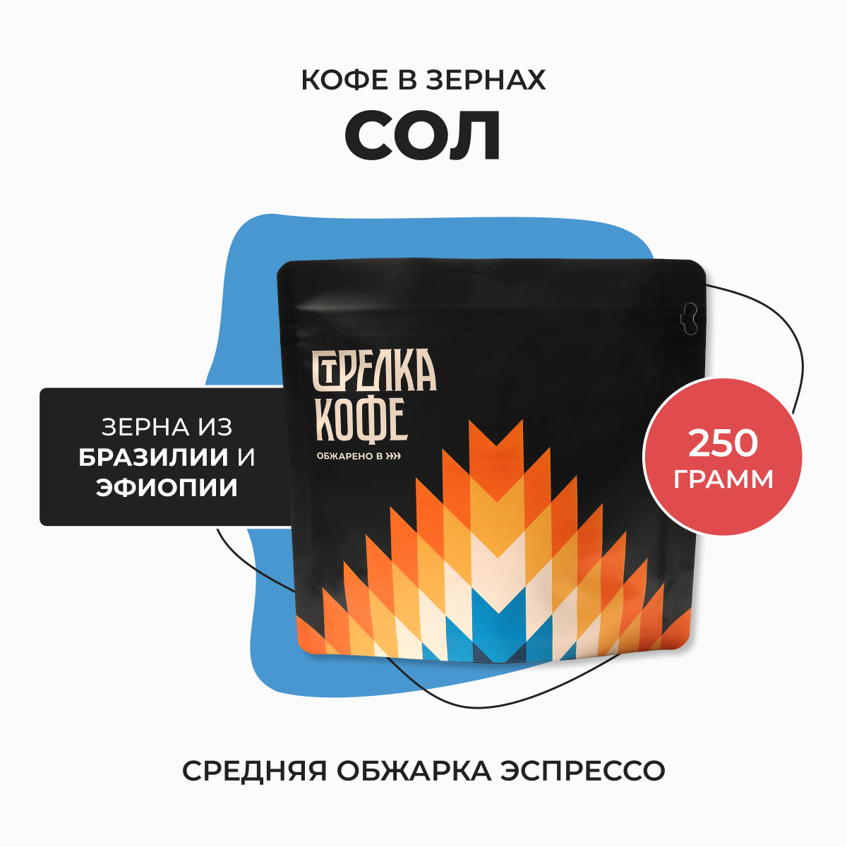 Кофе в зернах Арабика 100% 250 гр, Бразилия Сол, свежеобжаренный, натуральный, Стрелка кофе