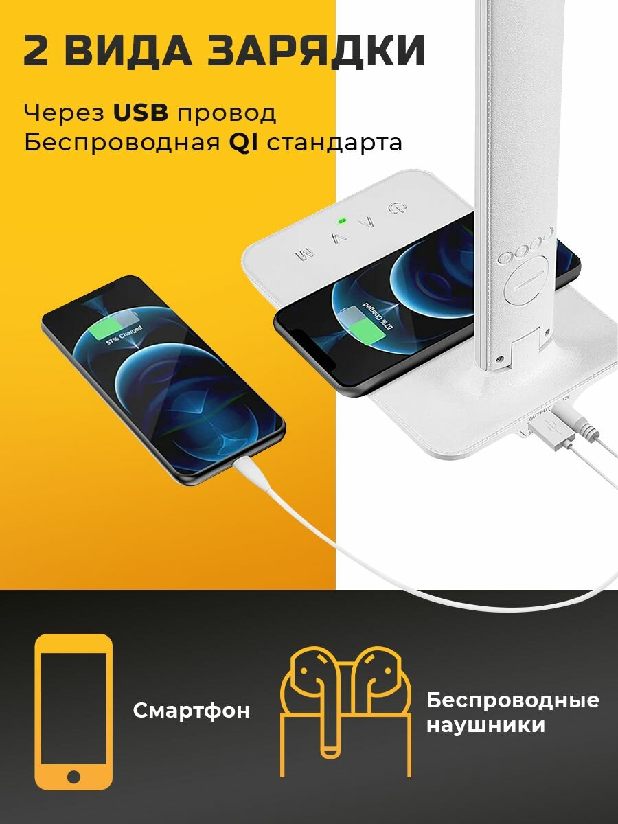Лампа настольная светодиодная Classmark LED светильник с беспроводной зарядкой из экокожи и держателем для телефона, дисплей с часами и usb, 3 режима теплоты света и 5 режимов яркости, белая — фото 1