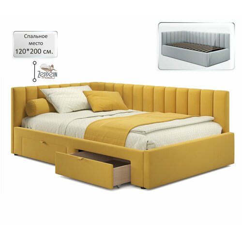 Кровать Milena Zeppelin 120х200 серая с ящиками, из велюра, с ортопедическими ламелями