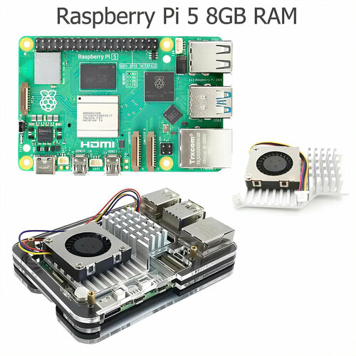 Комплект Raspberry Pi 5 8 Гб + прозрачный корпус + Радиатор с кулером микрокомпьютер raspberry pi 5 8gb