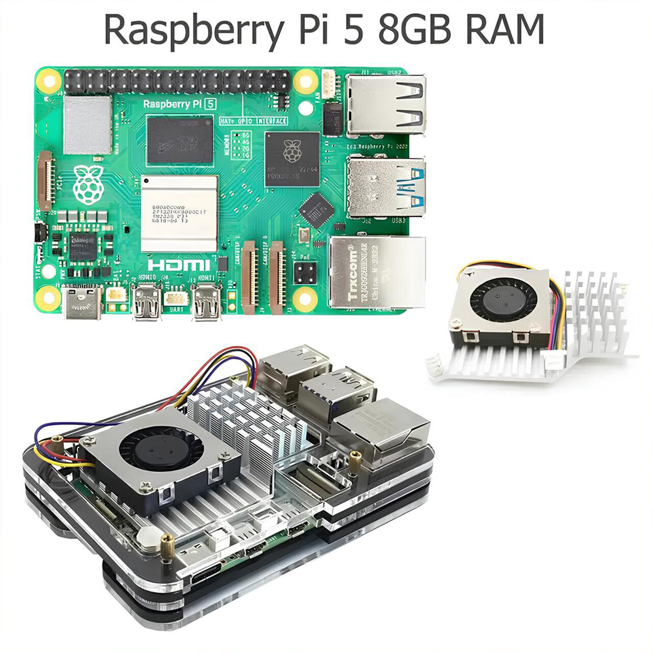 Комплект Raspberry Pi 5 8 Гб + прозрачный корпус + Радиатор с кулером