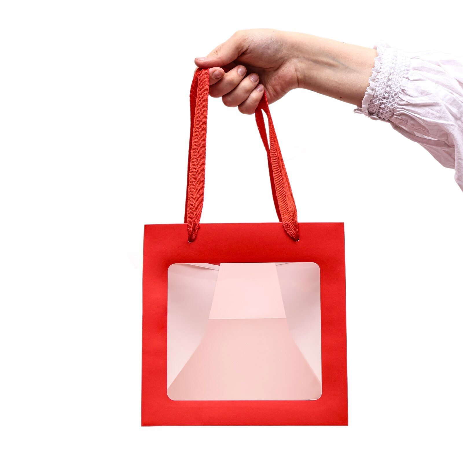 Подарочный пакет крафт с квадратным дном и окном  20 20 20 см  красный