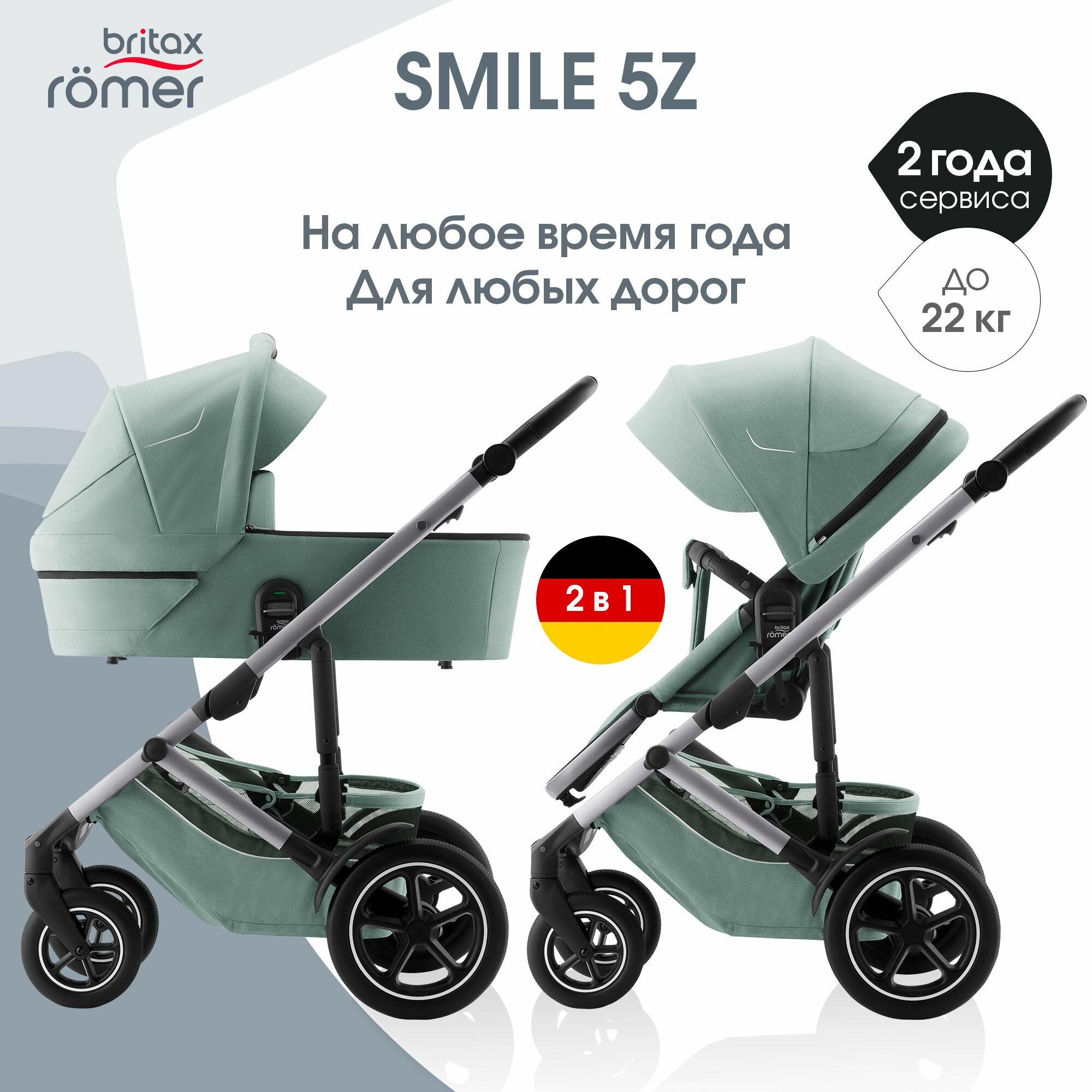 Детская коляска трансформер 2 в 1 Britax Roemer SMILE 5Z Jade Green с рождения, для детей весом до 22 кг, универсальная