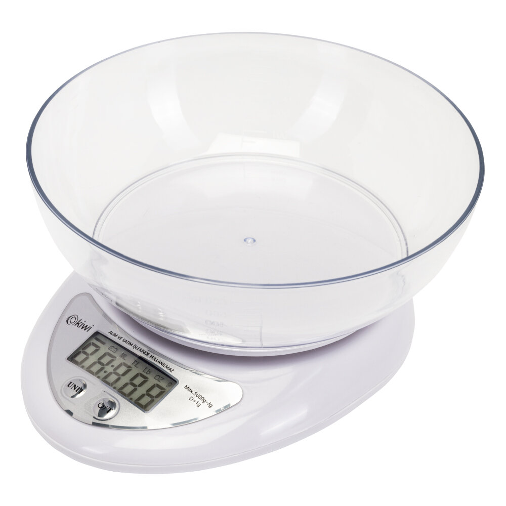 фото Кухонные весы с чашей 600 мл KIWI KKS-1153W, электронные от 2г до 5 кг, точность 1гр.