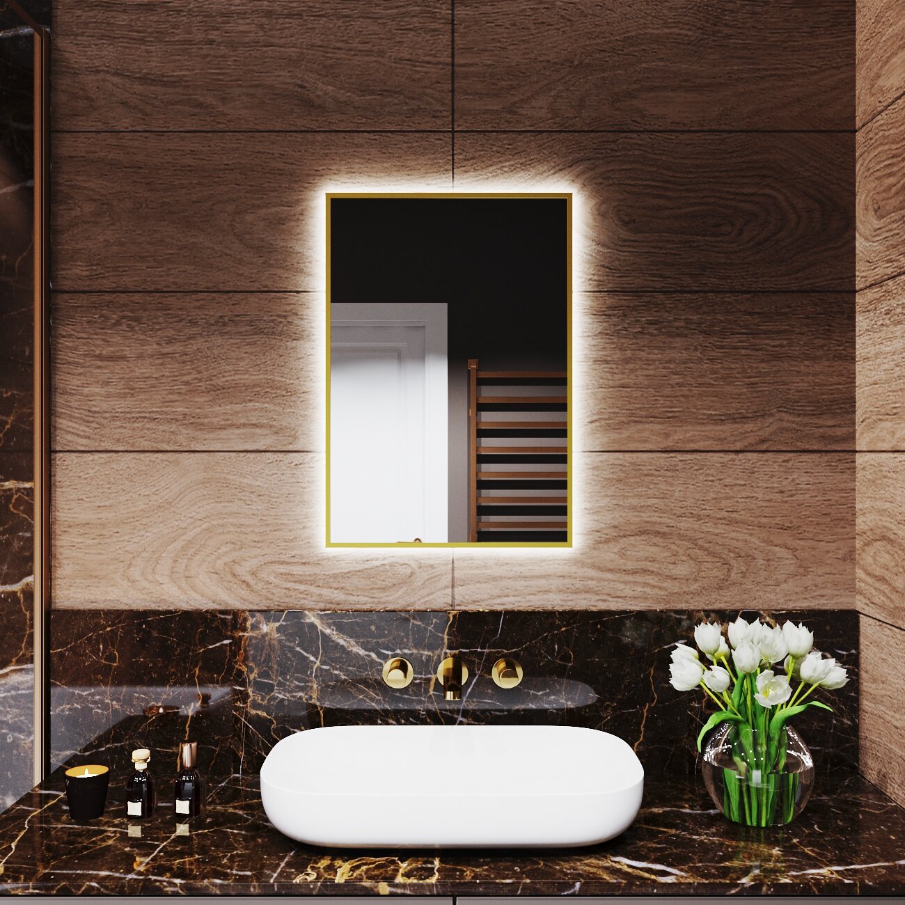 Зеркало с подсветкой в алюминиевой раме настенное Market-house 60х50 см. Свет: Нейтральный белый 6000К. Золото