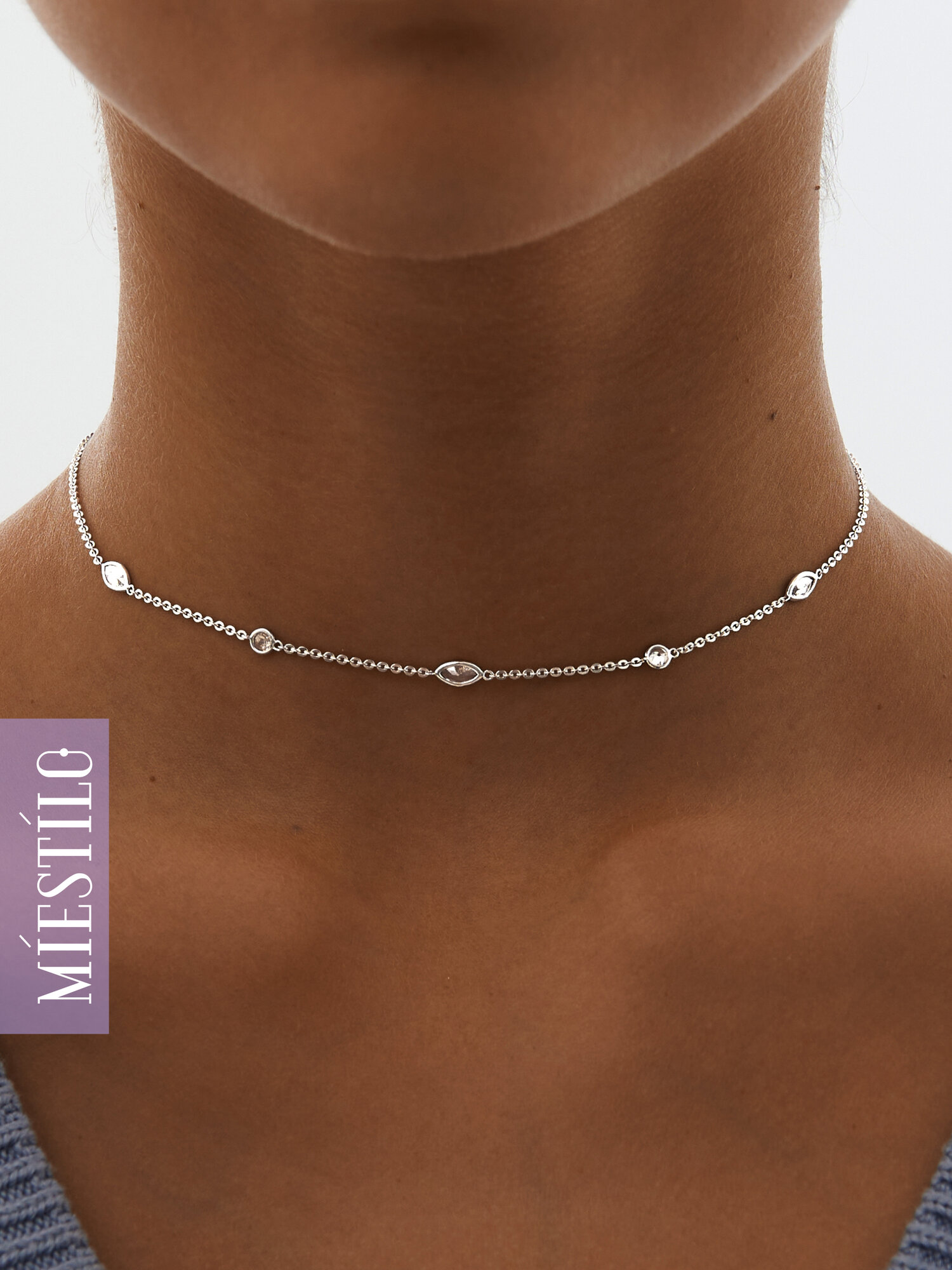 Колье MIESTILO, серебро, 925 проба, родирование, фианит, длина 38 см., белый, серебристый, серый