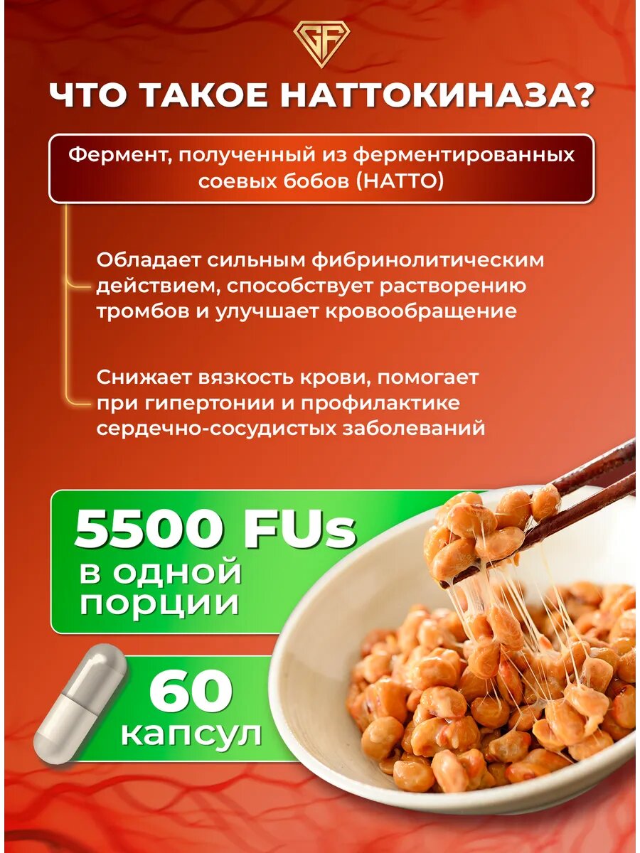 Наттокиназа Nattokinase 5500 FUs + Серрапептаза 40000 SPU, 60 капсул — фото 1