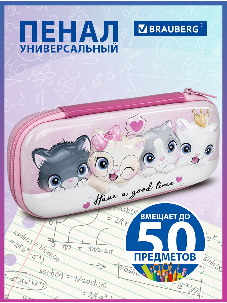 Пенал школьный для девочки / подростка для ручек, карандашей Brauberg, 1 отделение, 1 откидная планка, Eva 3D, 22х10х5 см, Cats, 270700