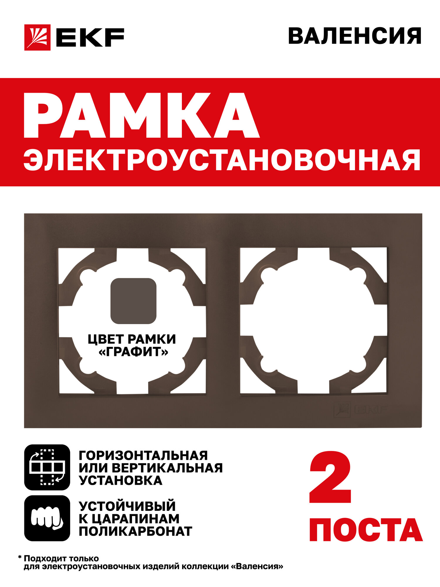 Рамка электроустановочная EKF PROxima для розеток выключателей двухместная (2 поста) коллекции Валенсия