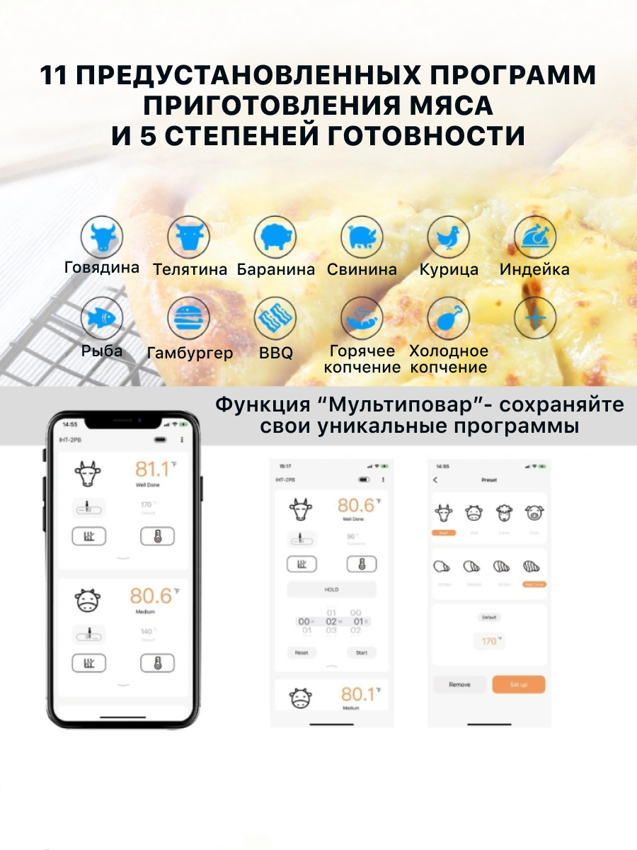 Термометр кулинарный INKBIRD IHT-2PB, Bluetooth, 3 щупа, точность 0,1° — фото 1