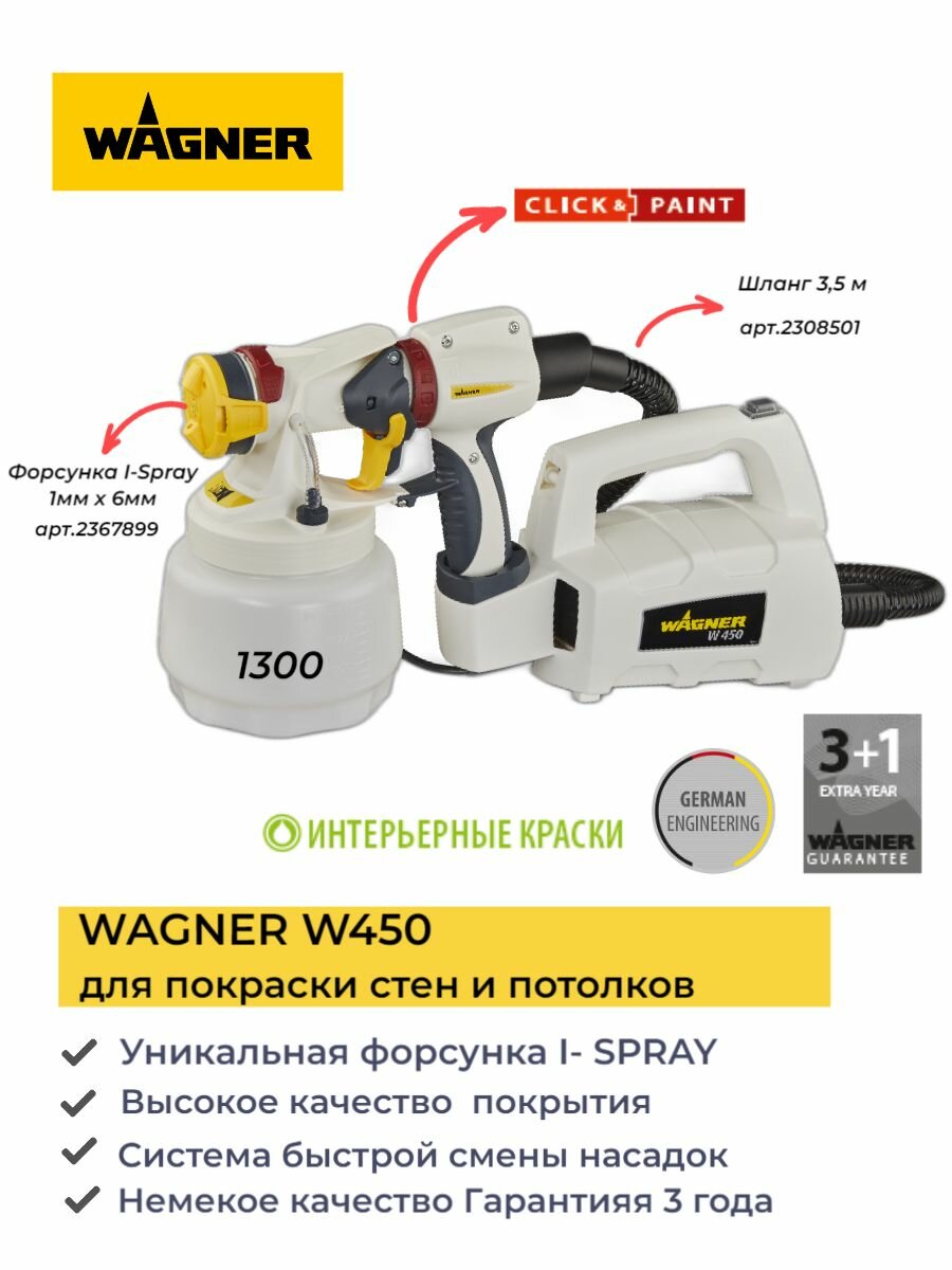 Краскопульт электрический WAGNER W450 для покраски стен