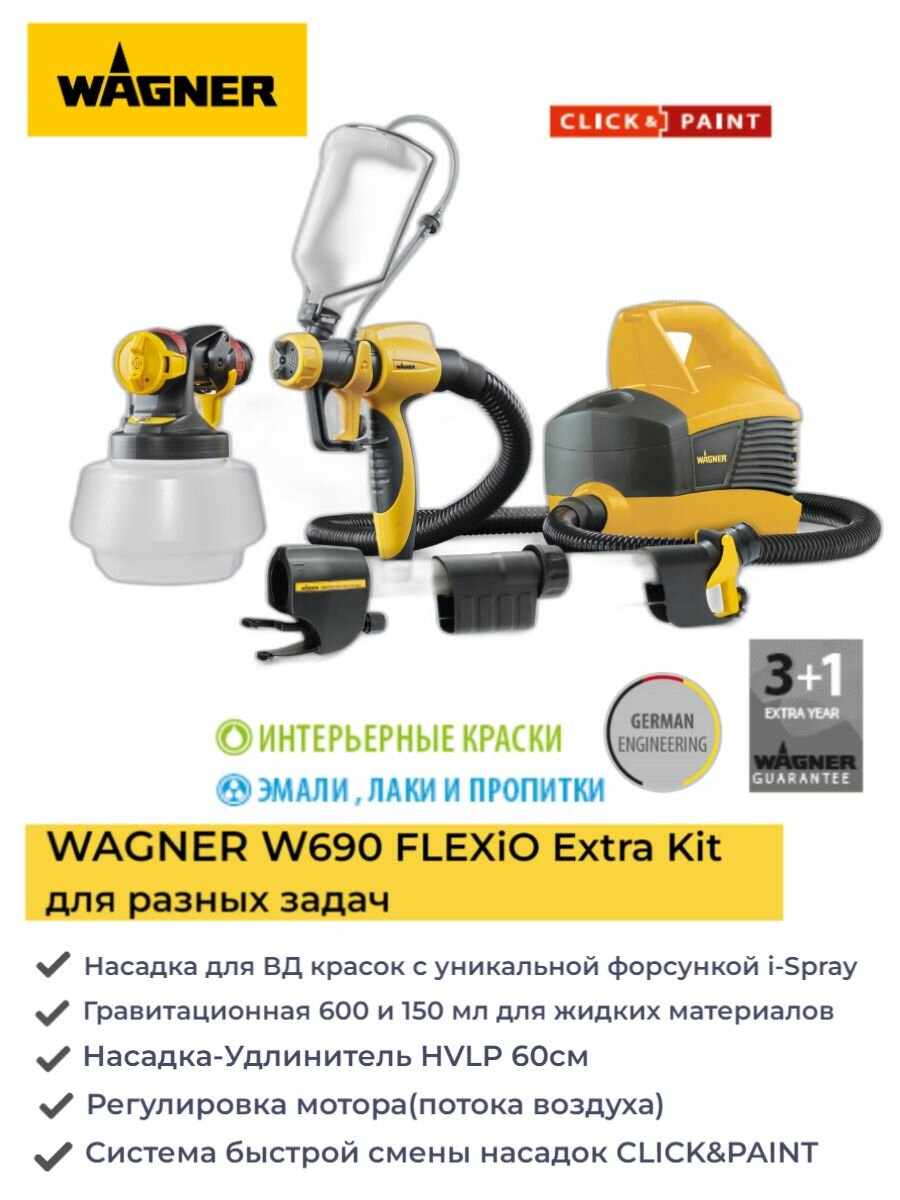 Краскопульт WAGNER |Краскопульт электрический W690 Extra Kit с 2 насадками и удлинителем EXTRA