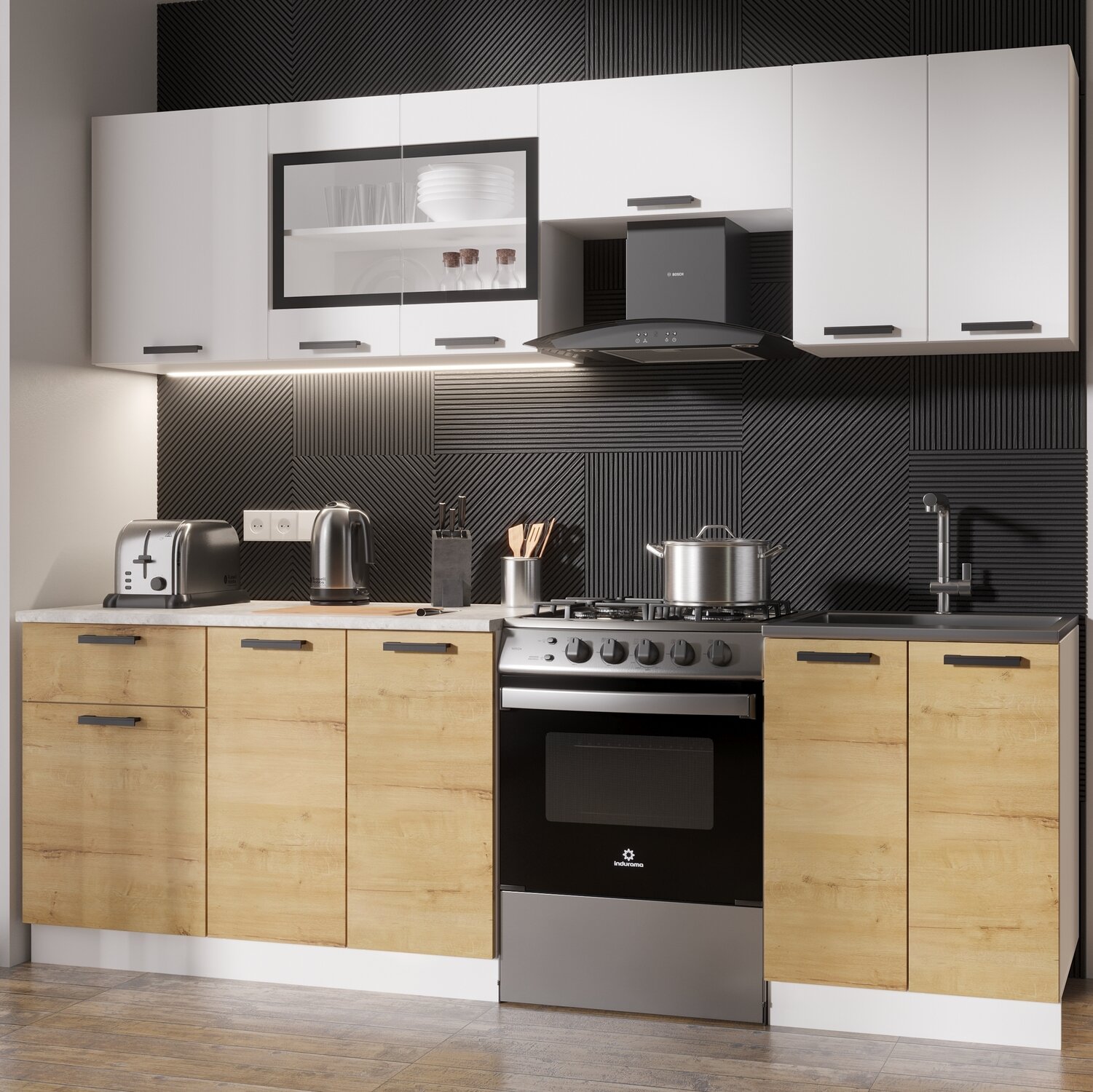 Кухонный гарнитур, кухня, готовый комплект Хозяюшка 2.4 метра Дуб Вотан/Белый гладкий.