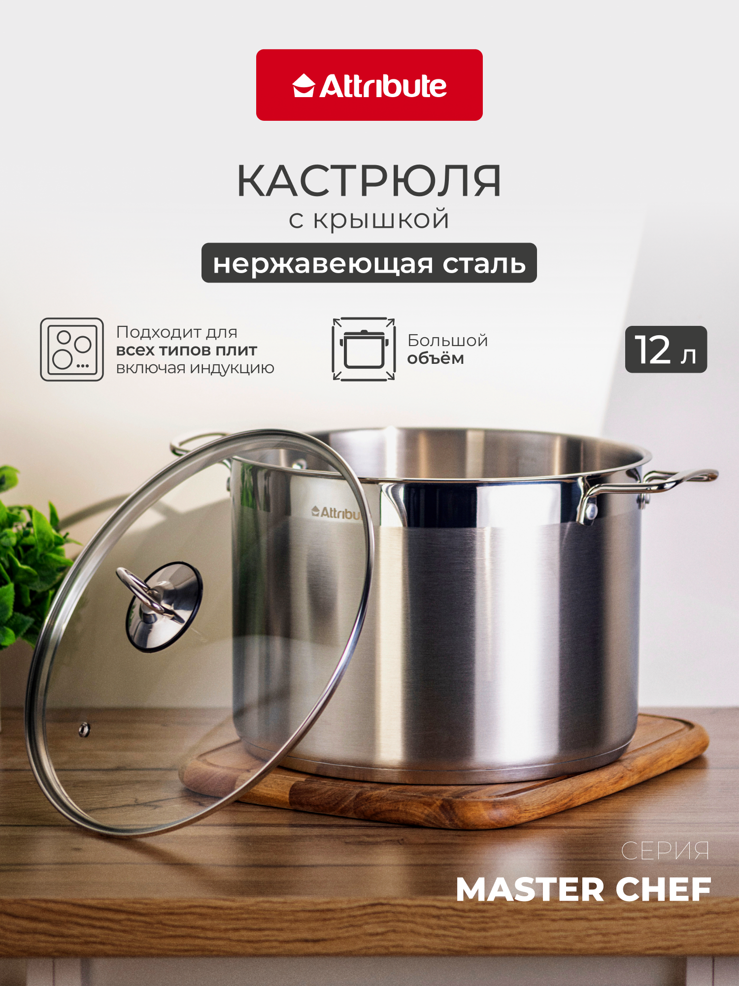 Кастрюля со стеклянной крышкой MASTER CHEF 12.0л 28х20см
