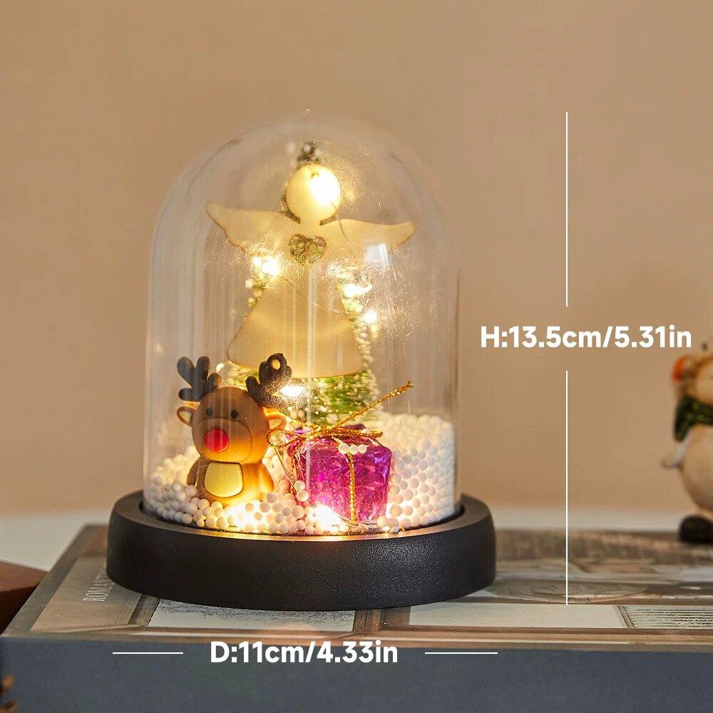 Мини-ёлка с LED-подсветкой и снежным дождём, стеклянный купол, олень для стола (маленький размер)