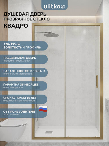 Изображение товара Душевая дверь в нишу 120х195 см. Квадро стекло прозрачное, профиль матовое золото