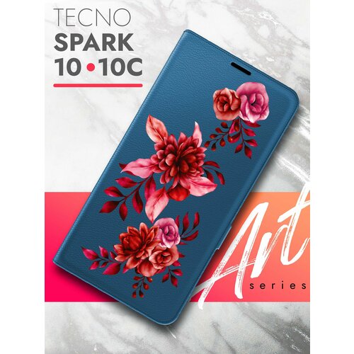 Чехол на Tecno Spark 10/ 10C (Техно Спарк 10/10С) синий книжка эко-кожа с функцией подставки и магнитами Book case, Brozo (принт) Гранатовые Цветы чехол на tecno spark 10 10c техно спарк 10 10с синий книжка эко кожа с функцией подставки и магнитами book case brozo принт аниматроник паттерн