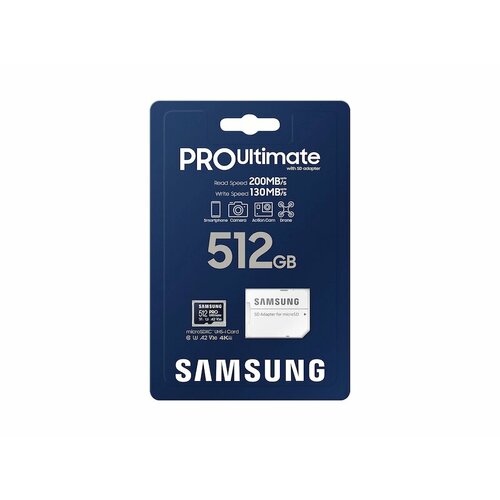 Карта памяти Samsung microSDXC 512GB PRO Ultimate SDXC Class 10 UHS-I, U3 4K Ultra HD MB-MY512SA/AM с адаптером на SD
