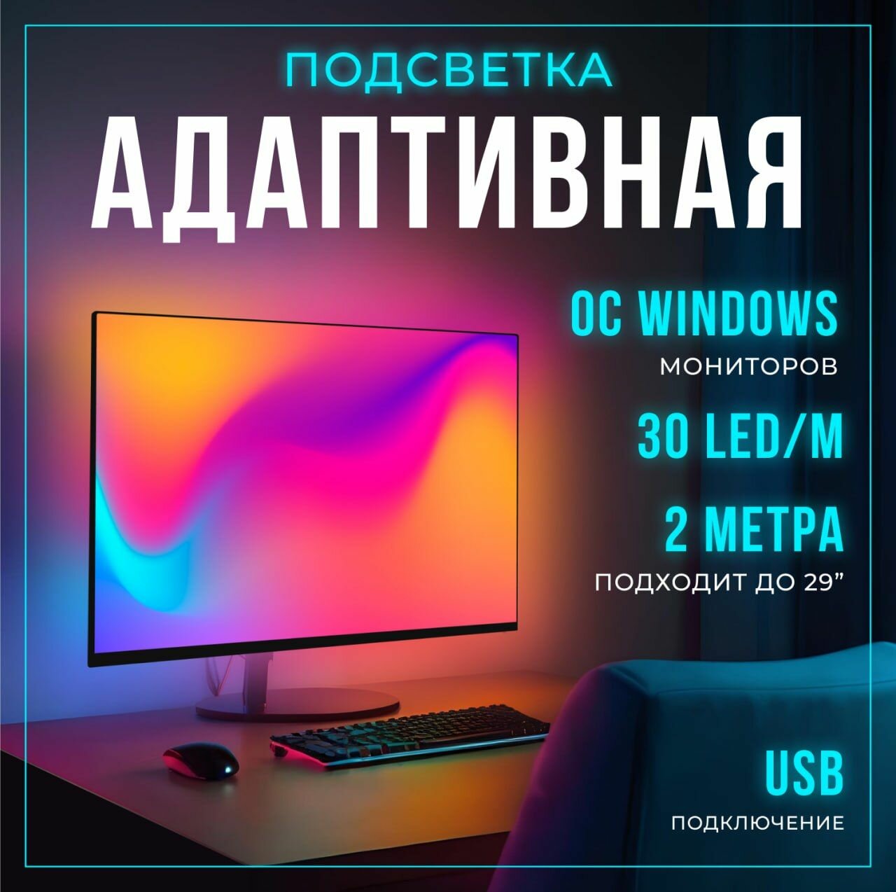 Динамическая адаптивная подсветка Ambilight 2м для мониторов до 29" 30 led/m