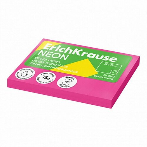 Блок с липким краем бумажный 75х50 мм, ErichKrause Neon, 100 листов, розовый блок кубик kores бумажный для заметок 75х50 мм желтая 100 листов