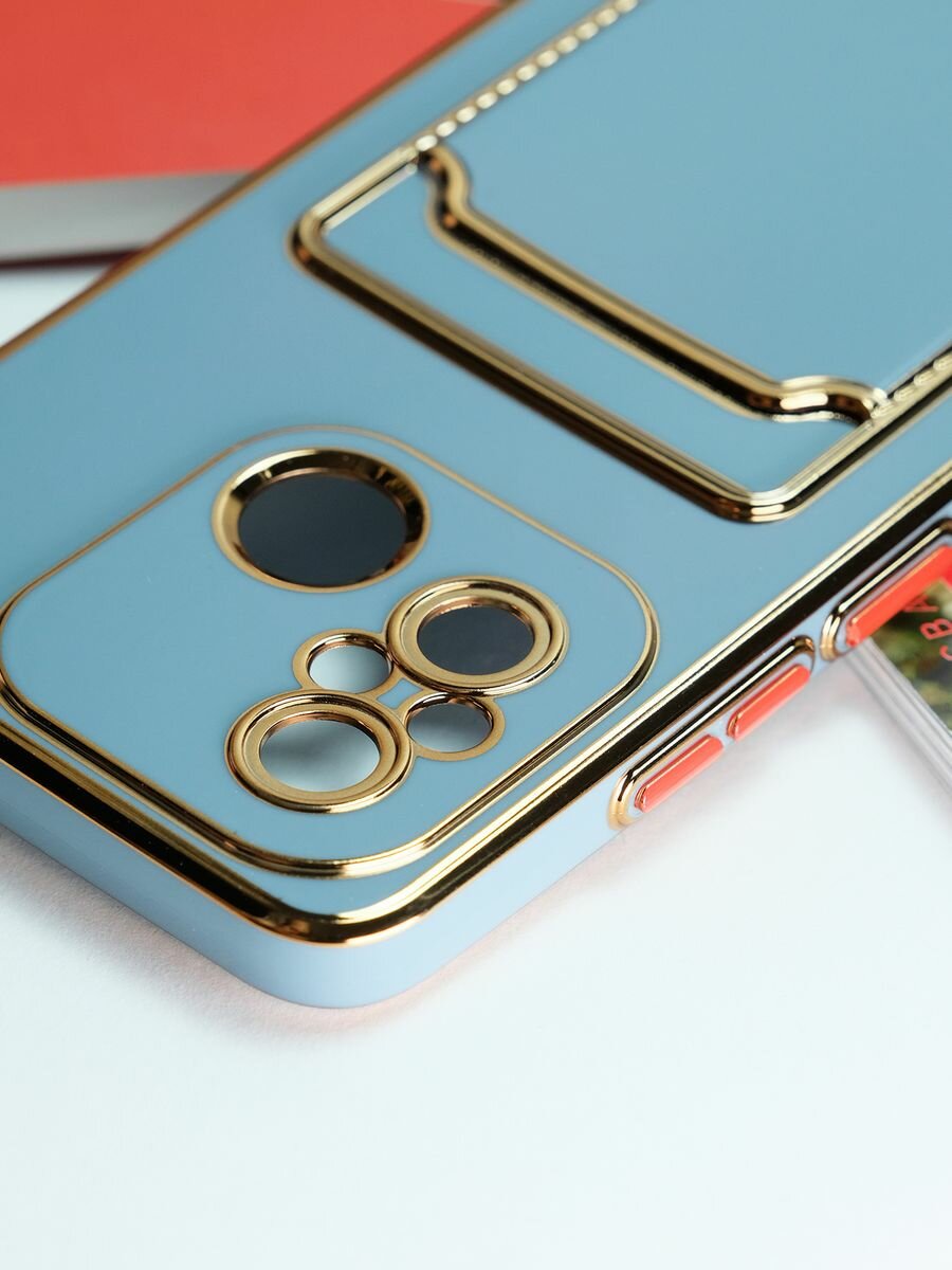 Чехол на Xiaomi Redmi 12C / Poco C55 с золотой рамкой противоударный бампер с карманом для карт на Ксиоми Редми 12C / Поко C55 Серо-Голубой — фото 1