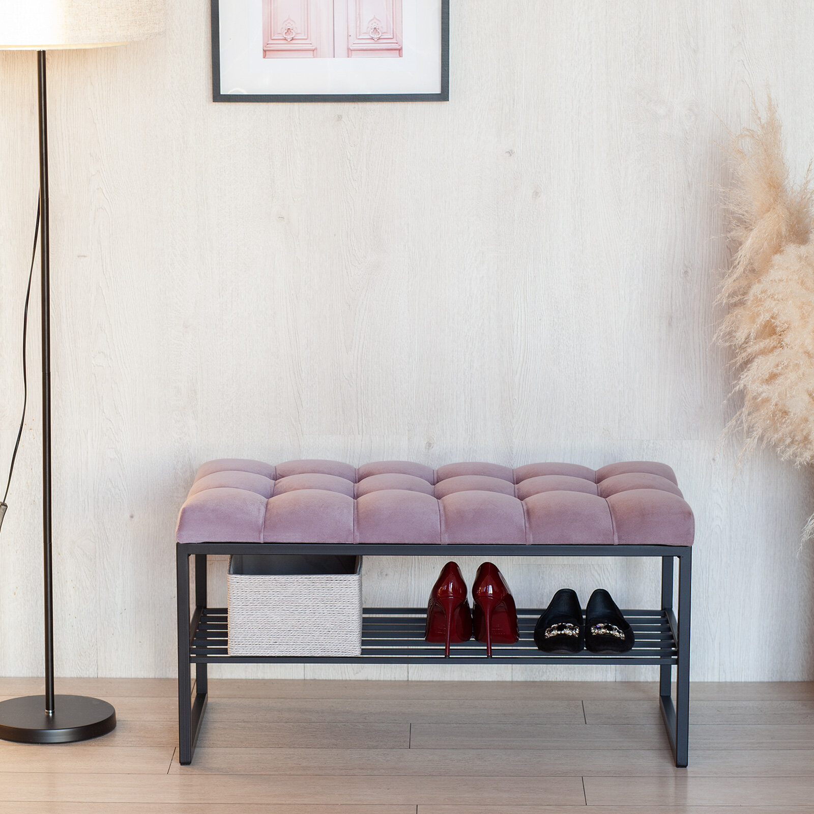 Банкетка в прихожую GREENWEEN RUBY MINI, черный каркас, сидение велюр цвет Dusty Pink каретная стяжка, 850х400х450
