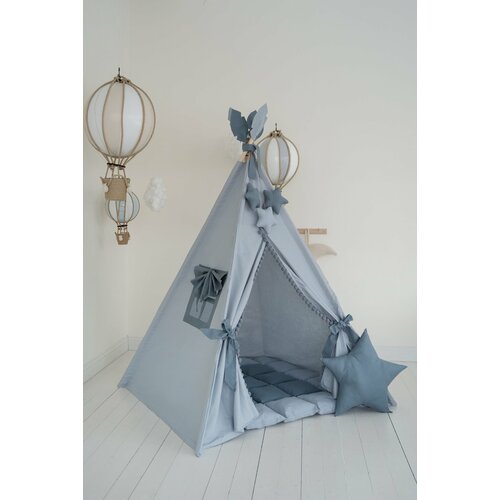 Вигвам детский с ковриком, окошком , подушкой и антискладывателем бежевый зеленый с флажками